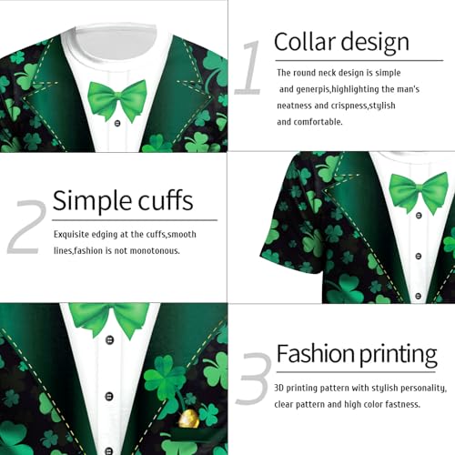 Image of Eciodci Men's St Patricks Day T-Shirts Novelty 3D Printed Shamrock Tuxedo Tees Shirt Clover Leaves Casual Short Sleeve Shirts