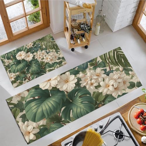 Alfombras cocina decorativas de 2 piezas con hojas de monstera botánicas 4