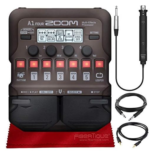 Zoom A1 FOUR Acoustic Instrument Multi-Effect Processor for Acoustic Guitar, Saxophone, Trumpet, Violin, Harmonica or Acoustic Bass + Cables & Fibertique Microfiber Cleaning Cloth
