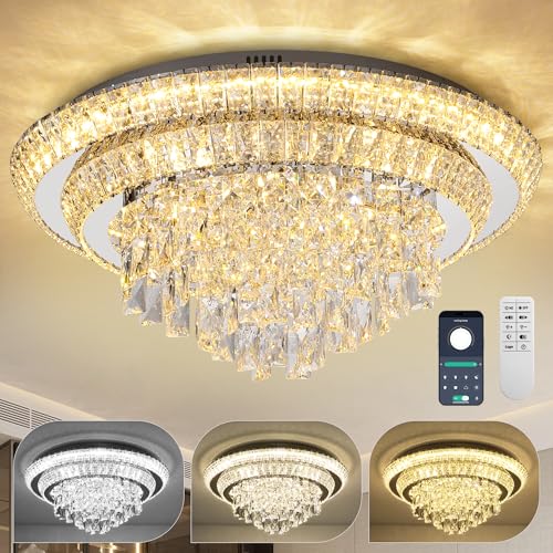 COCOSTAR 24 inch Flush Mount Crystal Chandeliers with Remote and APP, Modern Elegant LED Crystal Raindrop Ceiling Light Fixture, 3CCT Dimmable, for Living Room Kitchen Island Bedroom Entryway Foyer by COCOSTAR - Used condition - US$174.57