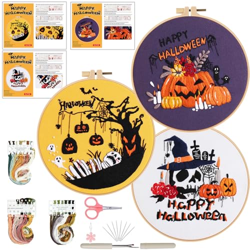 Image of Ohcol 3 Sets Halloween Embroidery Kit,Needlepoint Kits for Adults with Clear Instructions