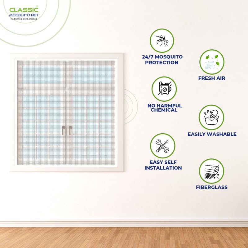 Image of Mosquito Net for Windows Pre-Stitched (Size:130cmX150cm, Color: Cream) Premium 120GSM Strong Fiberglass Net with Self Adhesive Hook Tape