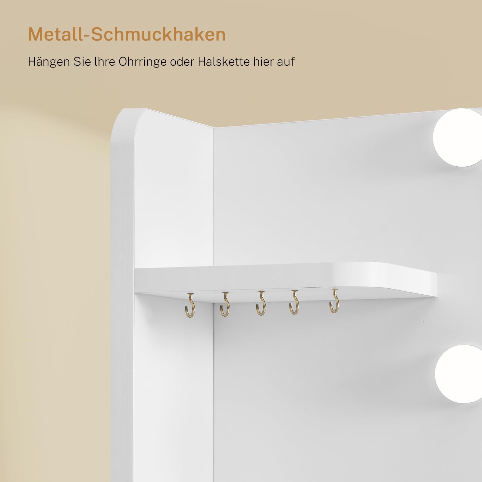 TEENFON Schminktisch mit Spiegel und Beleuchtung, 3 einstellbaren Farb und Helligkeitsstufen, Frisiertisch mit Schubladen, 4 offenen Ablagen, Weiß, 4 Schubladen Schminktisch+5 Schmuckhaken