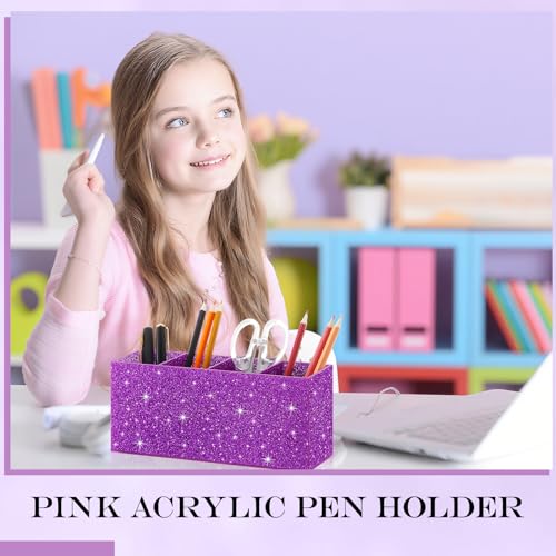 Image of Jetec Acrylic Glitter Pen Holder 4 Compartments Bling Makeup Brush Stationery Organizer Pencil Holder for Desk Accessories Sparkly Gifts for Women Birthday Valentines Desktop Workplace Office(Purple)