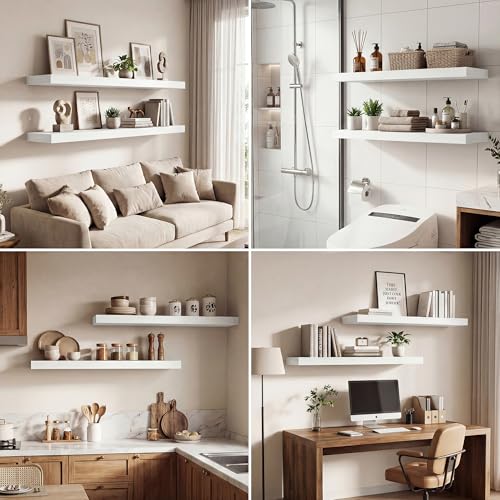 Image of Dreamland 24 Inches Floating Shelves for Wall,9.3 inch Deep Long Floating Shelves Set of 2,Large Display & Storage Shelf,Wall Shelf for Bathroom Bedroom Living Room Kitchen Office,White