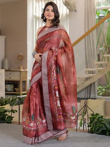 Image of Satrani Women's Linen Printed & Embroidery Ready To Wear Saree with Unstitched Blouse Piece