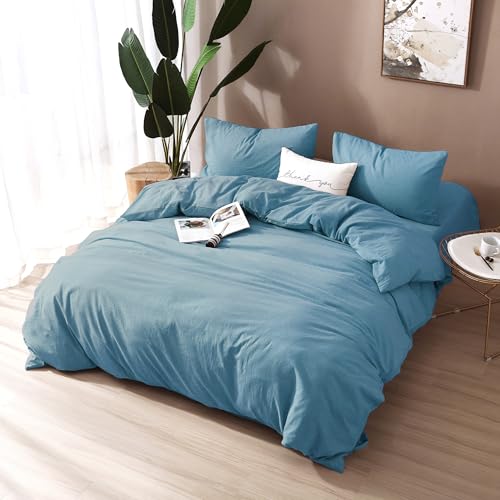 Image of F.Y.Dreams 100% Washed Cotton Duvet Cover for Weighted Blanket 60x80 inches with 16 Ties, Zipper on Long Side /Slate Blue /Just Duvet Cover