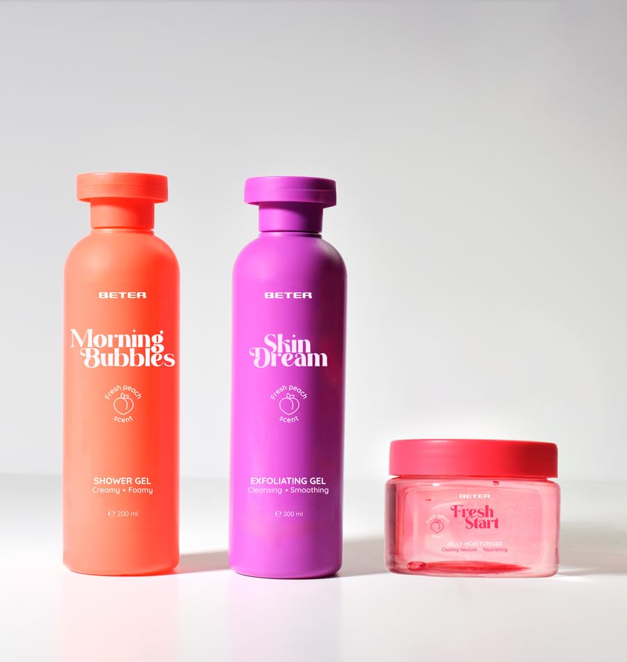 Beter - Set Cuidado Corporal Jellylicious Body, Set de Ducha 3 Piezas con Gel de Baño, Exfoliante Corporal y Gelatina Hidratante, Aroma de Melocotón, Ideal para Revitalizar la Piel, Set Regalo