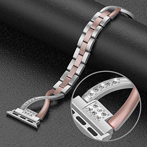 Image of Wearlizer RoseGold Silver Compatible with Apple Watch Band 38 /40 /41 /42mm Women Rhinestone 2-Tone Stainless Bling X-Link Wristband Sleek Bracelet for iWatch Series 11 10 9 8 7 6 5 4 3 SE /Ultra 3 2 1