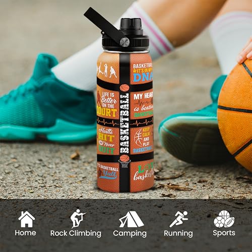 Image of SANDJEST Basketball Water Bottle 32oz, Stainless Steel Insulated Sports Bottle with Lid, Basketball Gifts for Men Players Lovers Fan