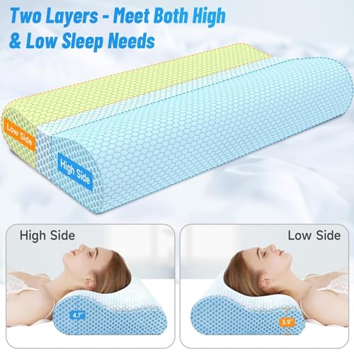 CloudBliss Memory Foam Pillow, Ergonomic Neck Contour Cervical Pillow for Back and Shoulder Pain, Orthopedic Pillow for Neck Pain Relief, for Sleeping Side, Back, Stomach Sleepers - Blue, Queen