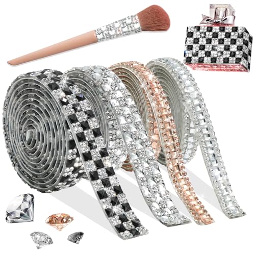FULZTEY Crystal Rhinestone Ribbons,Assorted Styles Rhinestone Strips for Crafts,Self Adhesive Rhinestones Glass Sticker,Bling 4 Rolls Rhinestone Tape for DIY Car Cups Gift Parties Decoration