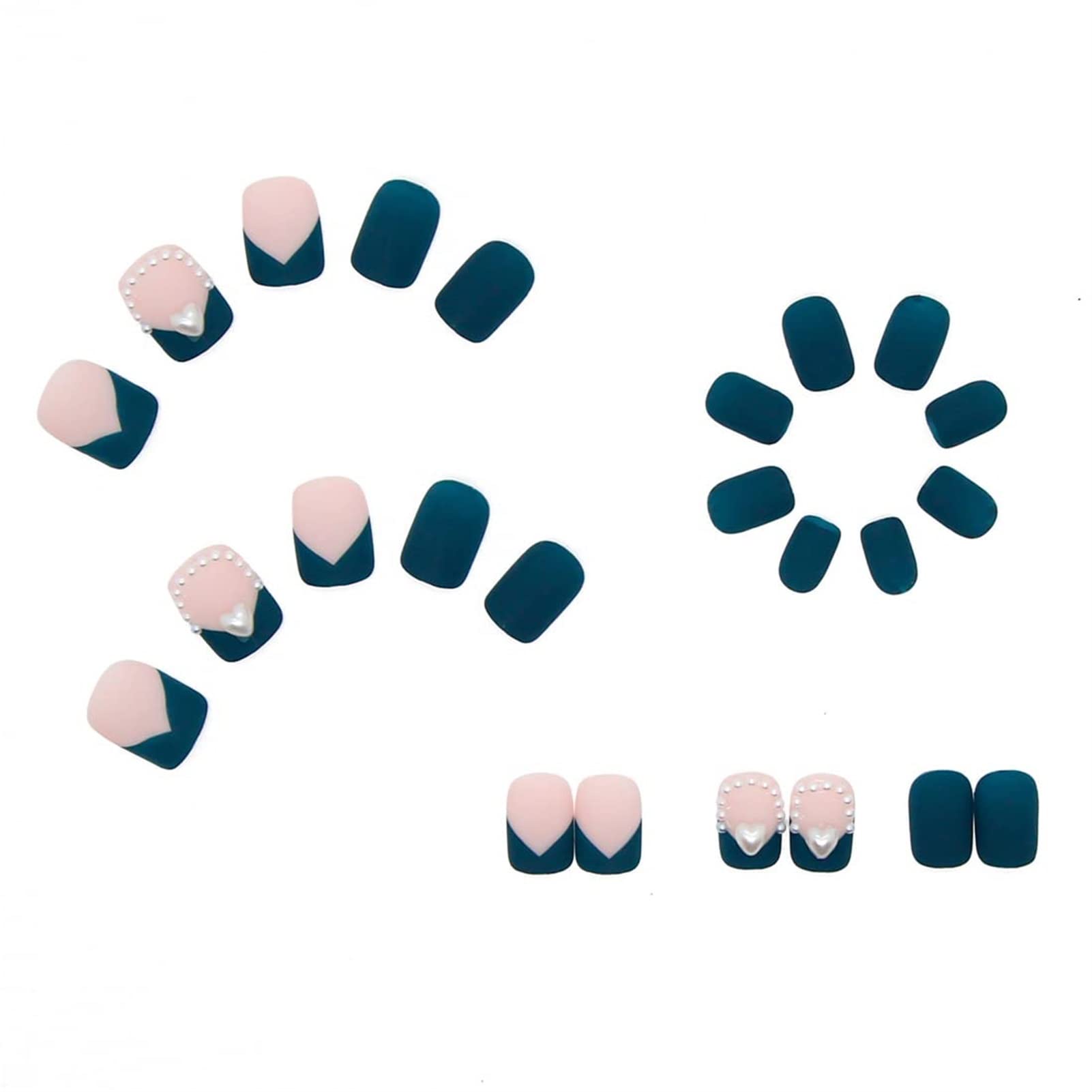 Matte Green Short Press on Nails Square Pearl Unghie finte Full Cover Heart Stick on Nails per appuntamenti o uso quotidiano 24PCS Unghie finte a pressione