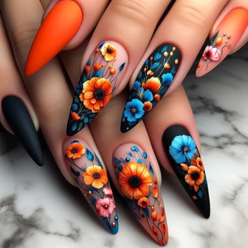 24 PCS Black Ombre Press on Nails Medium Almond Bling Fake Nails ...