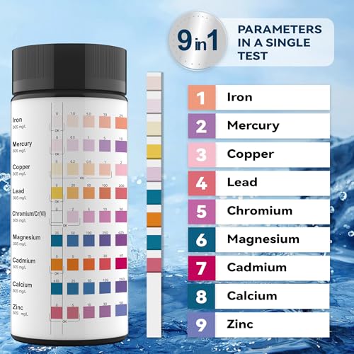Image of 9 Way Heavy Metals Water Test Strips, 100ct Home Water Testing Kit | for Iron, Mercury, Copper, Lead, Chromium, Magnesium, Cadmium, Calcium,Zinc