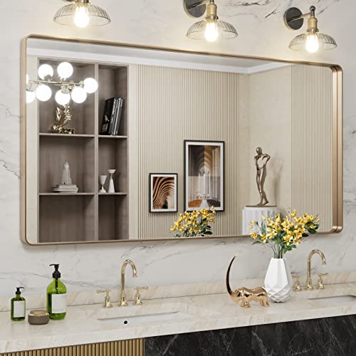 LOAAO 60”X30” Gold Bathroom Mirror, Rounded Rectangle Gold Frame Mirror, Brushed Gold Bathroom Vanity Mirror Wall-Mounted, Anti-Rust, Tempered Glass, Hangs Horizontally or Vertically -  G15276