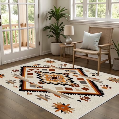 Western Rugs for Living Room, Aztec Washable Rug 4x6, Large