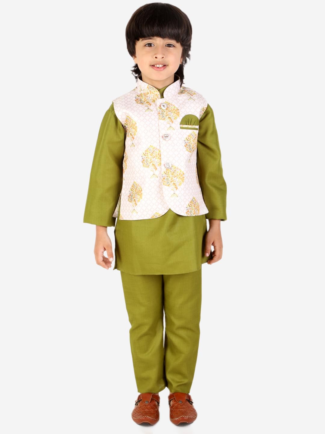 Superminis Boys Solid Color Kurta Pyjama With Printed Fancy White Base Jacket