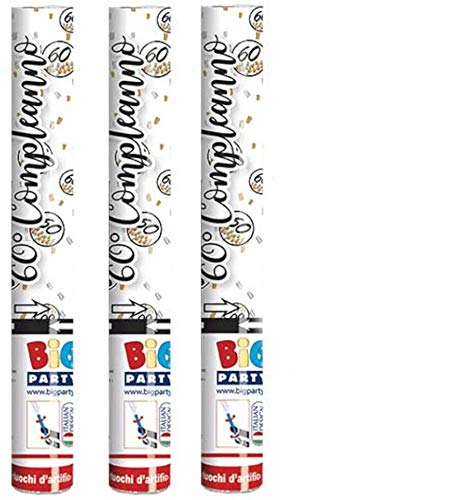 3X Cannone Tubo Sparacoriandoli 60 Anni - coriandoli Oro, Argento, Nero - Ideale per sessantesimo Compleanno, Anniversario, promessa, Matrimonio, Feste o Party