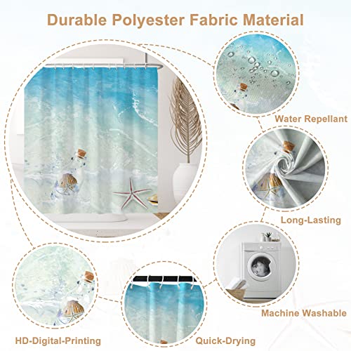 Ttincceer Ocean Beach Shower Curtain, Sea Drift Bottle Starfish Conch Seashell Bathroom Curtain, Tropical Ocean Theme Shower Curtain Set With 12 Hooks For Bathroom 72" Wx72 L #TOP1