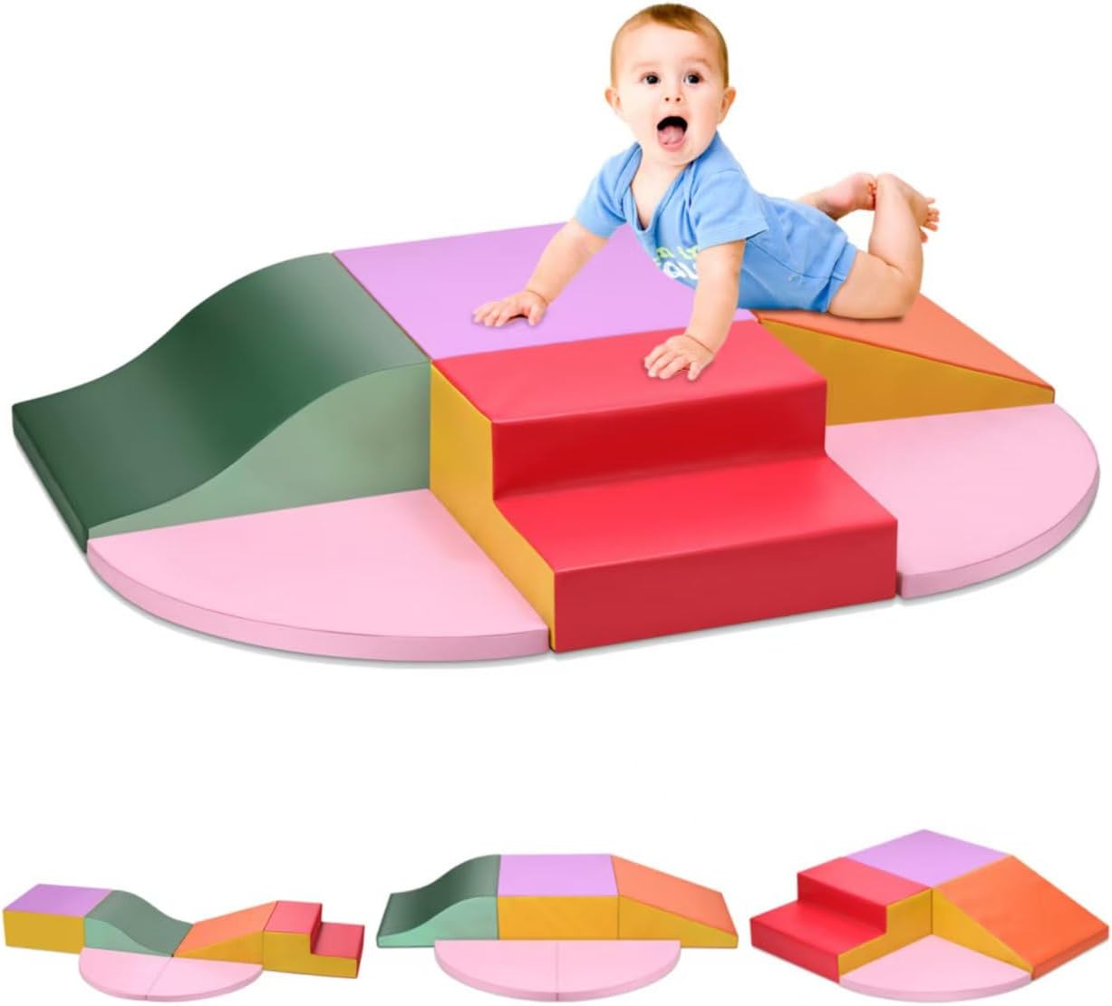 MFUN 6-Piece Baby Foam Climbing Blocks, PU Leather Soft Play Climbing Toys for Toddlers, Kids Playtime Corner Climber Indoor for Crawling and Sliding, Waterproof Easy to Clean (RED)