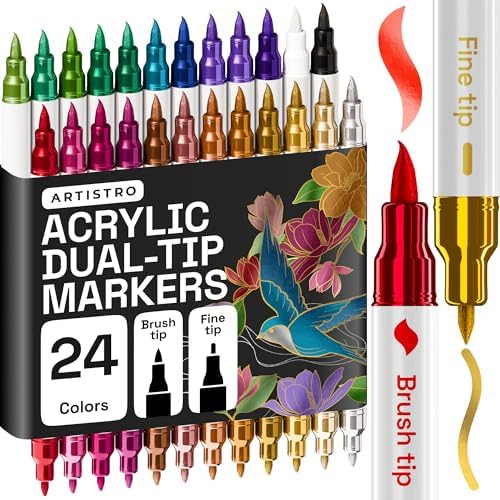 ARTISTRO 24 Metallic Dual-Tip Acrylic Paint Marker Pens for Drawing