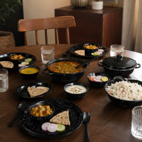 Image of Melvio By Malti Black Granite 40 Piece Dinner Set | Melamine Dinnerware Set, Premium Dinner Set Crockery Plates Bowls Tableware for Home Dining Kitchen