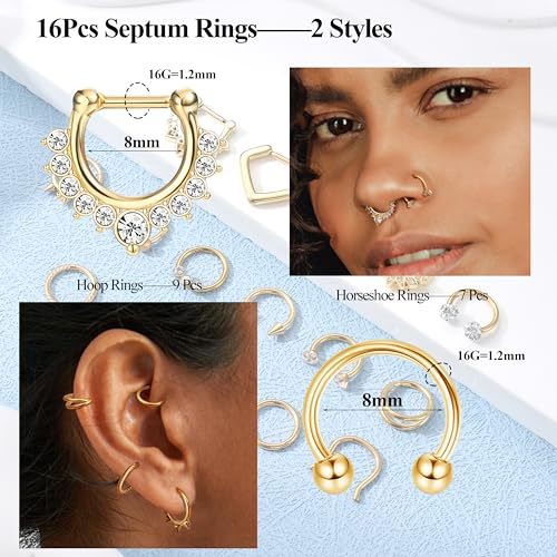 Besteel Hypoallergenic Septum Rings 16G 8mm Surgical Steel Clicker Nose Rings Hoops Set Small Lip Cartilage Helix Daith Piercing Jewelry for Women Men 16 Pcs Gold Silver Black2