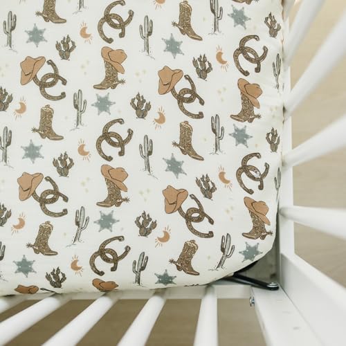 Image of Outlaw Cowboy Muslin Crib Sheet by Mebie Baby, Soft and Breathable Bed Sheets for Babies, Modern Neutral Bedding for Cribs, Standard Crib Mattress Fitted Sheet, Great for Boy or Girl Room