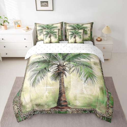 Feelyou Green Palm Tree Print 7 Pieces Bedding Set Palm Leaf Twin Comforter Set with Sheets for Boys Girls Kids Room Decor Beach Theme Bed in a Bag Hawaiian Beach Bed Set Botanical Nature Theme