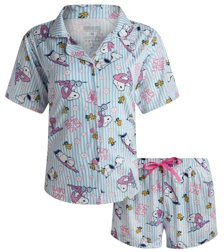 Image of COCO BRANDS Peanuts Snoopy Womens Pajama Set - 2 Piece Short Sleeve Button Down Sleep Shirt and Pajama Shorts