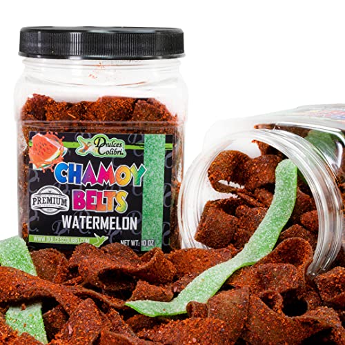 Dulces Colibri - Premium Watermelon Chamoy Belts | Dry Chamoy Coated Gummies | Mess Free | Handmade to Order | Long Lasting Flavor | 10oz Jar | Mix & Match Eligible