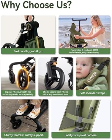 Oneye Travel Stroller for Airplane, Ultra Lightweight Baby Stroller for Toddlers with Canopy, Foldable & Compact Strollers with Jumbo Seat & Large Storage Basket,10.19lb,Stable & One-Hand Fold, Green — view 6