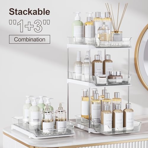 Delamu 2 Sets of 2-Tier Multi-Purpose Bathroom Under Sink Organizers and Storage, Stackable Kitchen Pantry Organization, Pull Out Medicine Cabinet Organizer with 8 Movable Dividers, White