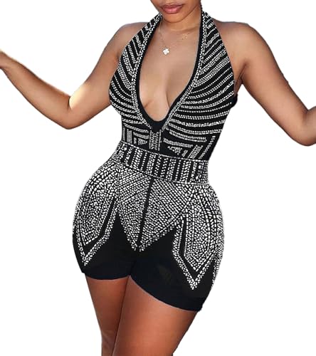 Nagfar Women Rhinestone Sexy Romper Deep V Backless Halter Neck Shorts Jumpsuit Birthday Party Evening Club Night Outfits(SK3235-Black-XL)