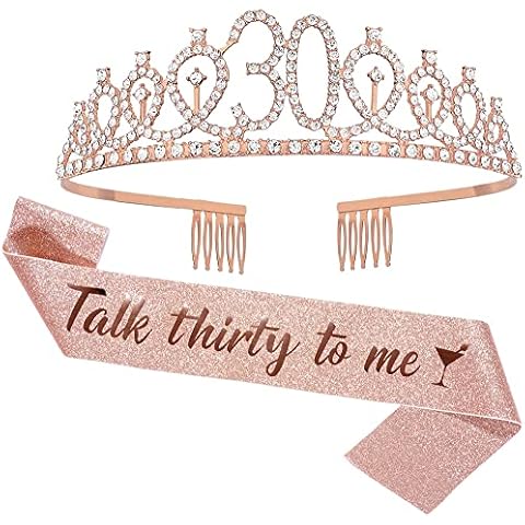 JunyRuny 30th Birthday Sash & Tiara Set, 30th Birthday Decorations for Her, 30th Birthday for Women, Birthday Crowns Tiara and Talk Thirty to me Sash, Birthday Gifts (Rose Gold) Cover