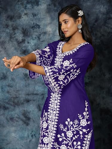 Image of EthnicJunction Women's Cotton Blend Chikankari Embroidered A-Line Kurta Palazzo Set Ethnic Wear Office Wear Daily Wear Festive Kurta Set for Women