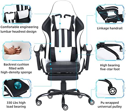 Millhouse Gaming Racing Desk Chair Adjustable Computer Office Chair Lumbar and Head Pillow Chairs X2022 (White)