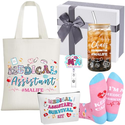 6 Pcs Medical Assistant Gift Set for Women Canvas Tote Bag Cosmetic Bag 16oz Glass Cup Pink Glitter Badge Reel Novelty Socks Unique Appreciation Gifts for Medical Assistants Week