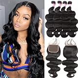 YISEA 12A Body Wave Bundles with Closure Brazilian Human Hair 4 Bundles with Closure（20 22 24 26+18） Body Wave 100% Unprocessed Virgin Hair Bundles with 4x4 Lace Closure Free Part Natural Black Color
