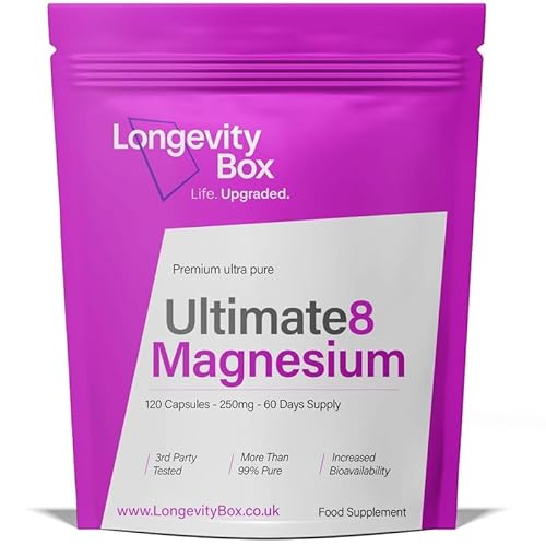Longevity Box Ultimate Magnesium Complex – 8 Types in 1 Formula Including Glycinate, Citrate, Taurate, Malate & More – 500mg Per Serving – 120 Capsules – Deep Calm, Sleep & Relaxation Support