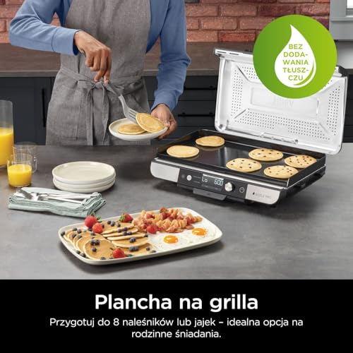Ninja Sizzle Pro XL Grill z płytą płaską ma płytę grillową z nieprzywierającą powłoką ceramiczną i płaską płytę górną, zdejmowaną pokrywę, tackę na tłuszcz i książkę kucharską, srebrny/czarny GX101EU