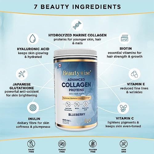 Image of Beautywise Skin Brilliance Glutathione Nac -500Mg, Dual Action, Evening Primrose Oil + Marine Collagen Powder, Hyaluronic Acid, Glutathione & Biotin Blueberry Flavoured ( 60 Capsules + 250 Gm)