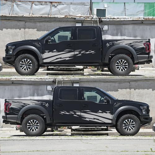 Image of (4PCS) Striped Truck Sticker Bed Mud Splash Kit Racing Striped Rear Lathe Decal Vinyl Trim Accessories Waterproof Door Body Side Decal Trim for Truck Pickup SUV Vehicles (Gray)