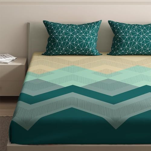 Image of Wakefit Cotton Fitted Bedsheet | 200 TC Elastic Fitted Sheet, Queen Bed Bedsheet with 2 Pillow Covers | Michele - 78x60 inches