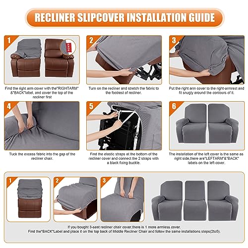 Image of VANSOFY Recliner Cover, 3-Pieces Stretch Reclining Couch Covers with Pockets Reclining Sofa Slipcovers 3 Seater Soft Washable Furniture Protector for Dogs Cats(Light Gray)