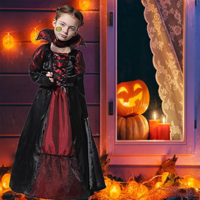 ATOWORLD Halloween Vampire Costume Kids Girls 7-8 8-9 Years with Mask Vampire Outfit Fancy Dress Kid Girls Black Vampire Dress Up Girl Gothic Royal Vampire Queen Princess Costume Kids (L) - Image 4