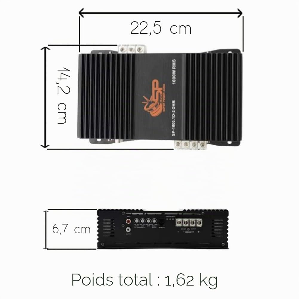 1 SP AUDIO SP-1000.1D2 SP1000.1D2 amplificateur Mono 1 Canal 1000 Watts rms 2 ohm Classe d Bass Boost 0-12 DB avec Remote Incluse, 1 pièce