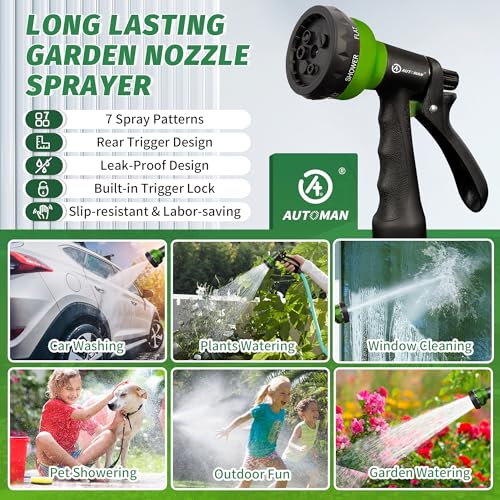 Image of AUTOMAN-Garden-Hose-Nozzle, 2 Pack ABS Water Spray Nozzle with Heavy Duty 7 Adjustable Watering Patterns,Slip Resistant for Watering Plants,Lawn& Garden,Washing Cars,Cleaning,Showering Pets - Green