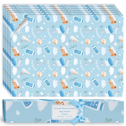 SCENTORINI Scented Drawer Liners for Dresser, Baby Powder Scent Drawer Paper Liners Non-Adhesive, 14.3 x 19.6 Inch 6 Sheets, Shelf Liners for Bedroom Kitchen Cabinets Home Closet